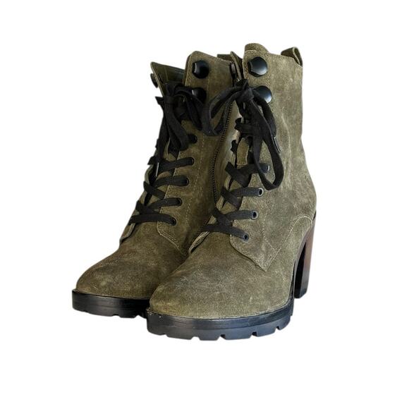 Frye Myra Lug Combat Boots Forest Green Suede Heeled Size 10 Like New - Picture 2 of 6